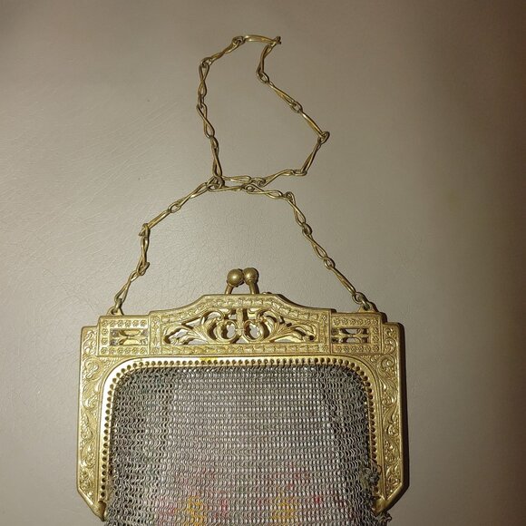 Vintage Whiting Davis Mesh Purse Chain Strap Gold Floral Frame Art Deco Bag - Picture 4 of 9